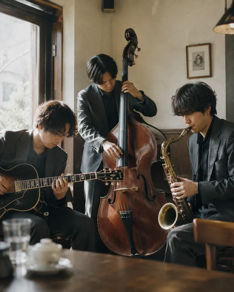 喫茶店で演奏する3人組ジャズトリオ