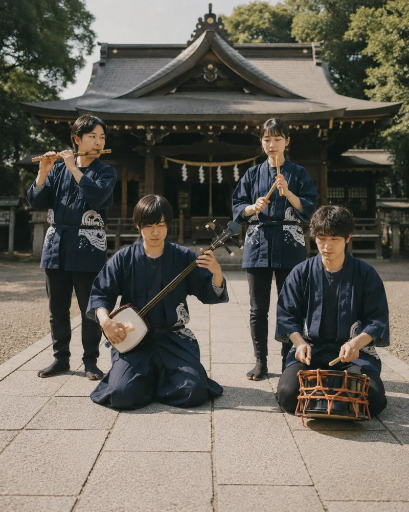 神社の境内で和楽器を演奏する4人組