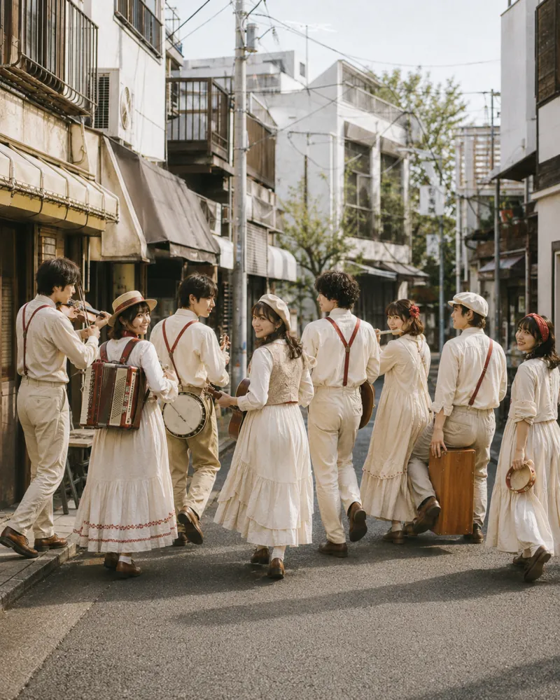 商店街を歩きながら演奏する8人組の楽団