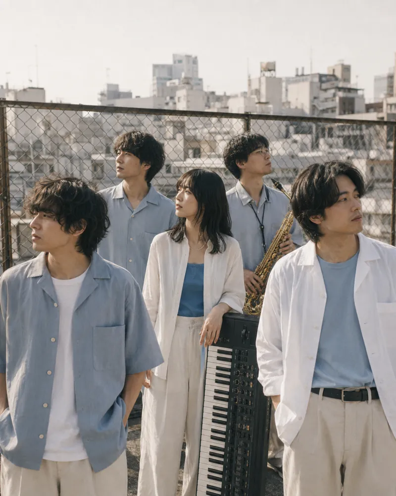屋上のフェンス際に立つ5人組シティポップバンド